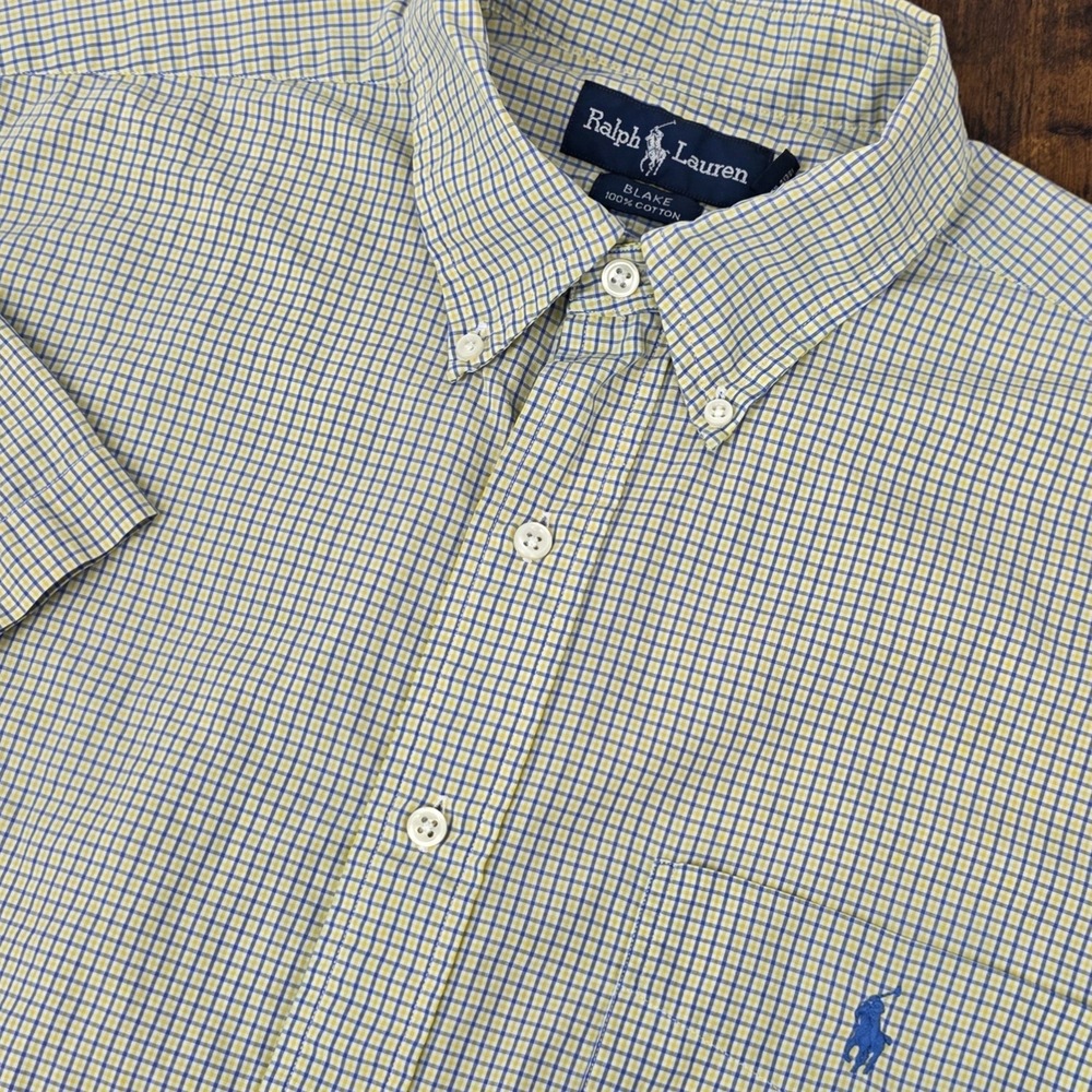 Polo Ralph Lauren‎ Mens L Short Sleeve Button Down Blake Yellow Blue White Plaid